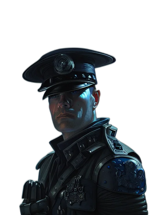 staff, face, robot, hat, concept art, photorealistic, 3d render, cyberpunk transparent PNG cut-out
