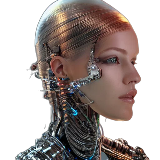 robot, jewelry, face, cyberpunk, concept art, 3d render, photorealistic, portrait transparent PNG cut-out