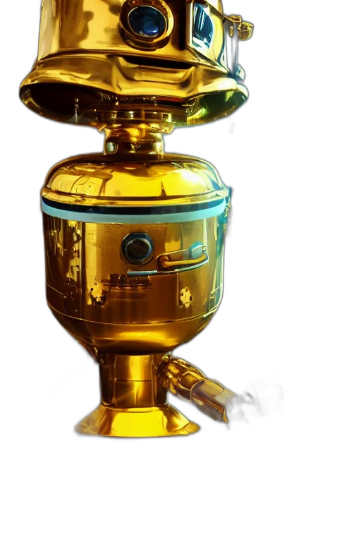 robot, bottle, crown, staff, 3d render, photorealistic, concept art, oil painting transparent PNG cut-out