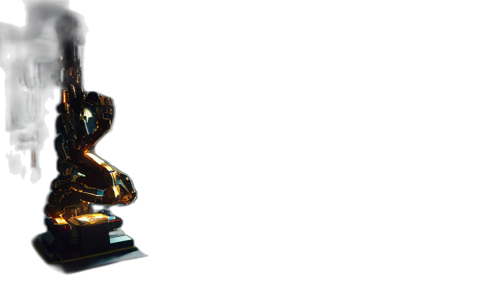 robot, crown, weapon, staff, concept art, 3d render, pixel art, dark transparent PNG cut-out