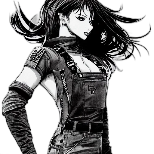 jacket, dress, weapon, comic book art, cartoon, anime, concept art, monochrome transparent PNG cut-out