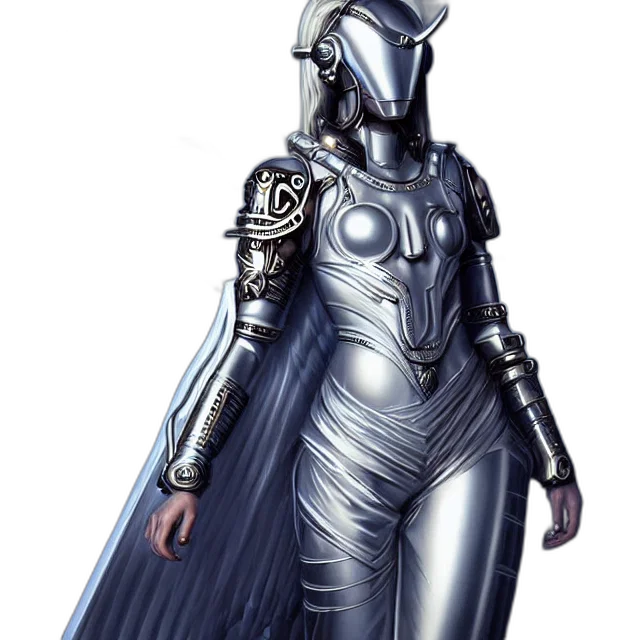 robot, dress, sword, concept art, comic book art, fantasy art, cyberpunk, monochrome transparent PNG cut-out