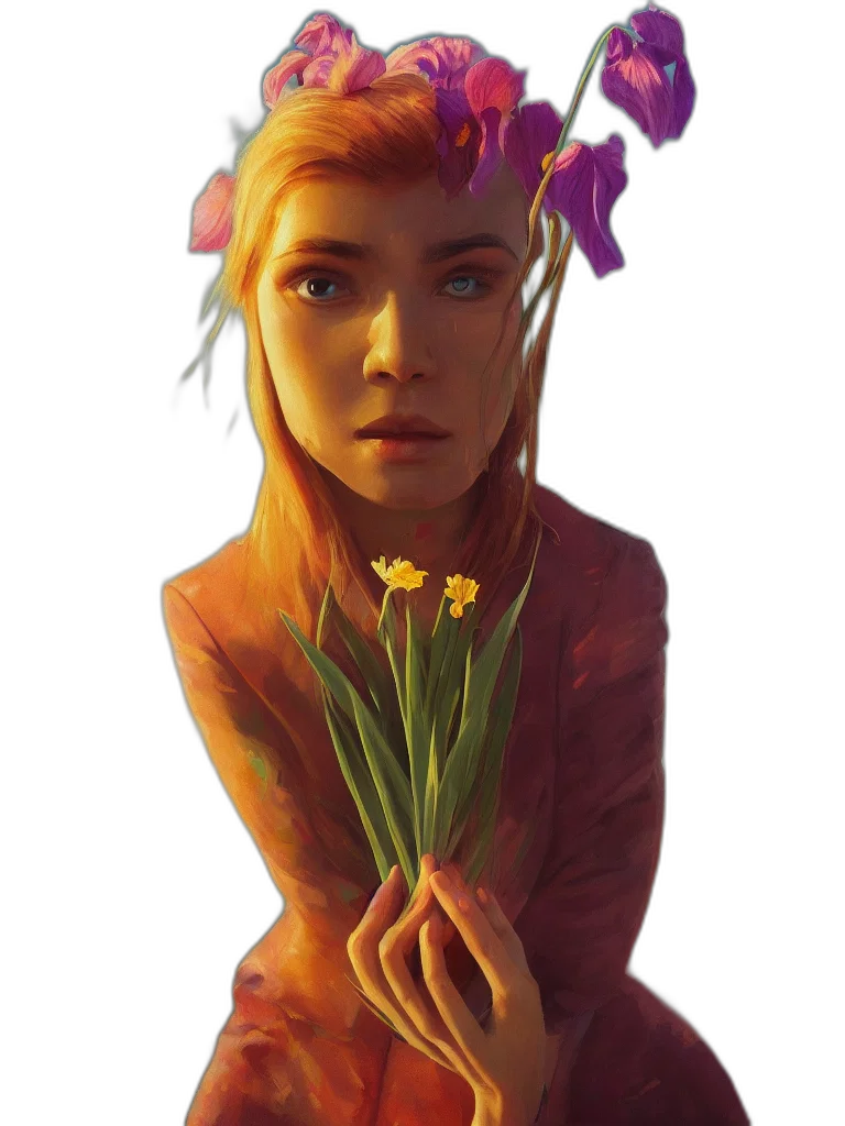 flower, face, crown, dress, fantasy art, concept art, photorealistic, pixel art transparent PNG cut-out
