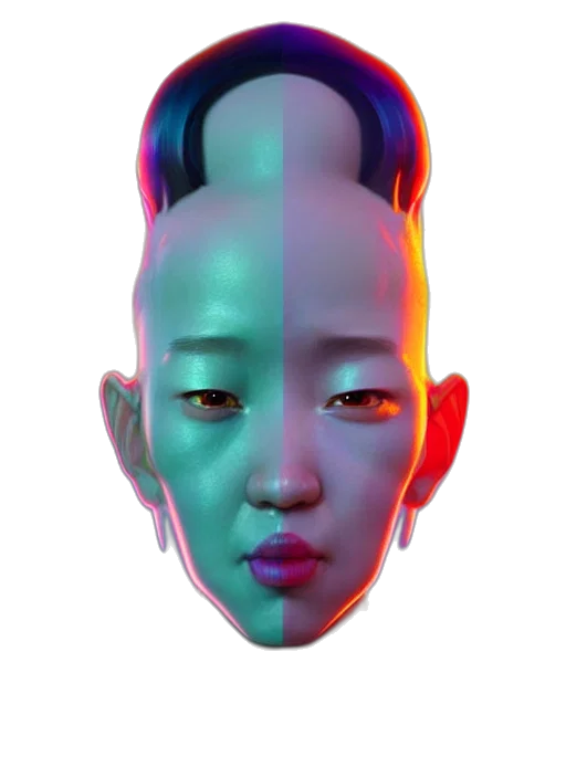 face, mask, robot, creature, cyberpunk, 3d render, vaporwave, photorealistic transparent PNG cut-out