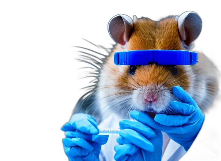 film, still, hamster, wearing, goggles, working, research, lab transparent PNG cut-out