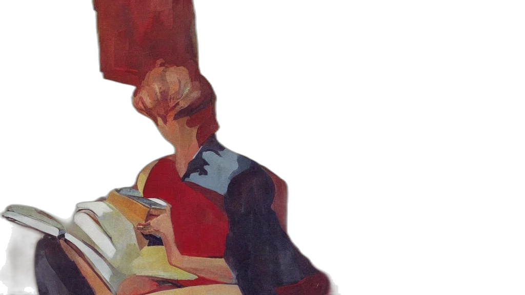 jacket, dress, hat, oil painting, red, woman, reading, book transparent PNG cut-out