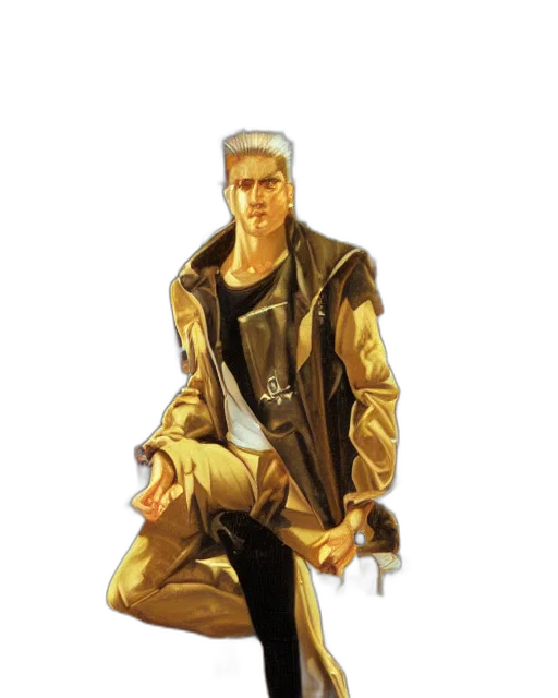 jacket, staff, weapon, concept art, cyberpunk, comic book art, pixel art, golden transparent PNG cut-out