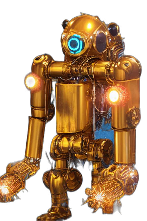 robot, weapon, staff, sword, concept art, 3d render, cyberpunk, golden transparent PNG cut-out