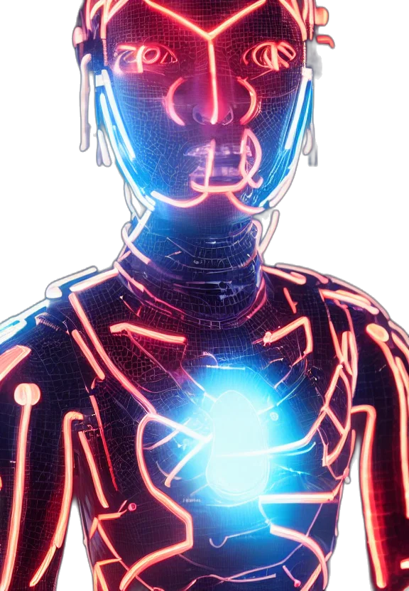 robot, jacket, mask, staff, cyberpunk, comic book art, concept art, vaporwave transparent PNG cut-out