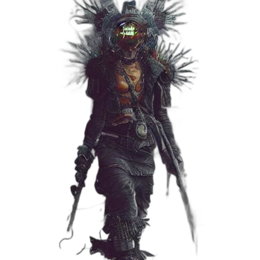 staff, mask, weapon, creature, concept art, cyberpunk, fantasy art, comic book art transparent PNG cut-out