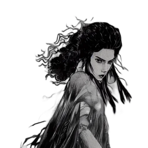 creature, hair, dress, crown, comic book art, fantasy art, concept art, pencil sketch transparent PNG cut-out