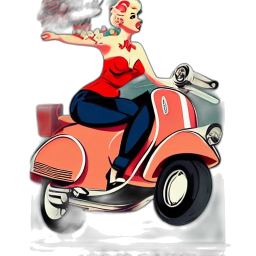 cartoon, concept art, comic book art, photorealistic, fire, vespa, scooter, pinup transparent PNG cut-out
