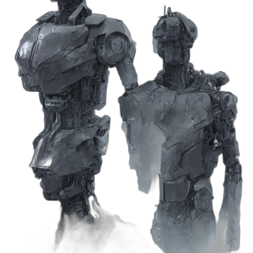 robot, concept art, 3d render, fantasy art, comic book art, fog, monochrome, dark transparent PNG cut-out