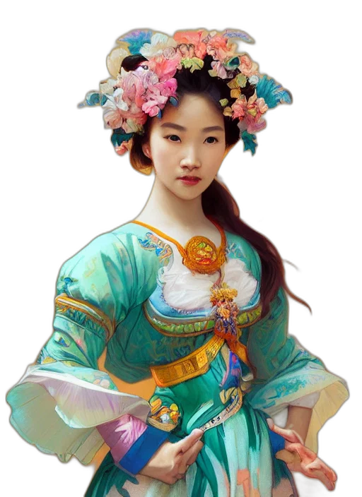 staff, dress, crown, jewelry, photorealistic, fantasy art, oil painting, concept art transparent PNG cut-out