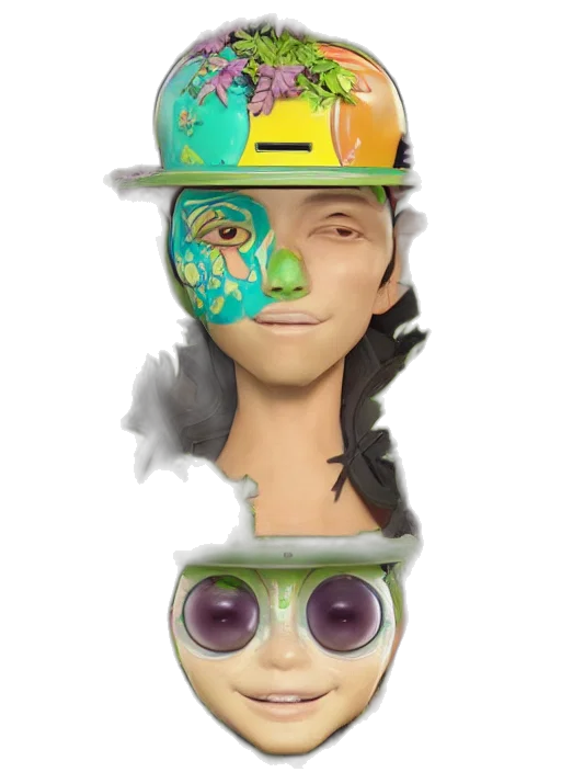 mask, face, hat, concept art, 3d render, cartoon, fantasy art, green transparent PNG cut-out