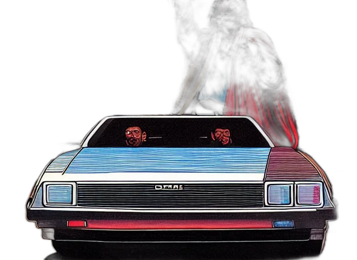 car, robot, vaporwave, concept art, cyberpunk, fog, fire, outer space transparent PNG cut-out