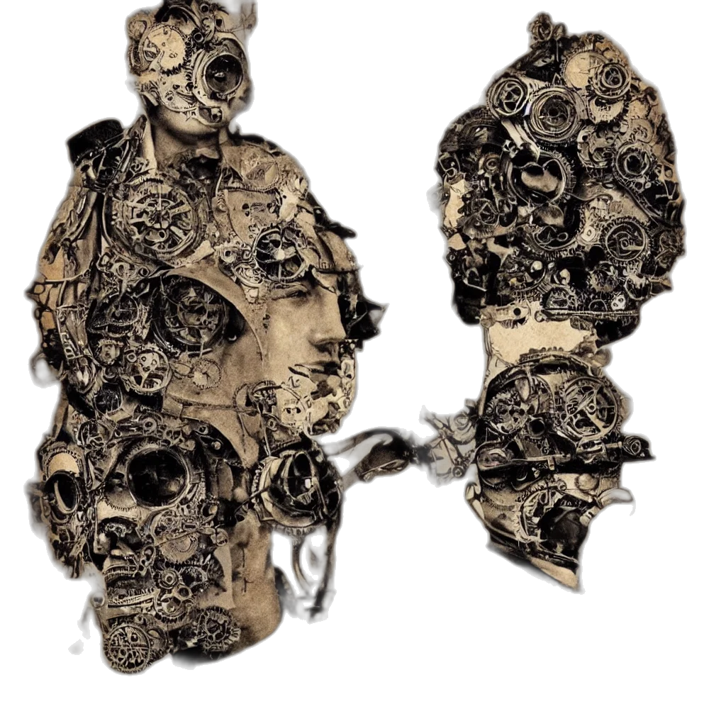 mask, jewelry, face, jacket, concept art, 3d render, comic book art, steampunk transparent PNG cut-out