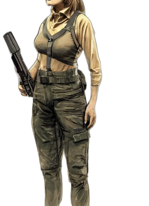 weapon, staff, jacket, concept art, comic book art, pixel art, 3d render, earth tones transparent PNG cut-out