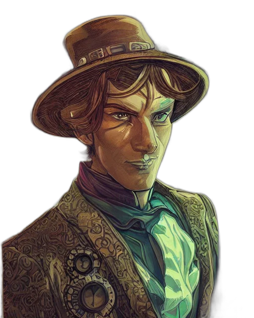 hat, staff, face, jacket, concept art, comic book art, fantasy art, pixel art transparent PNG cut-out