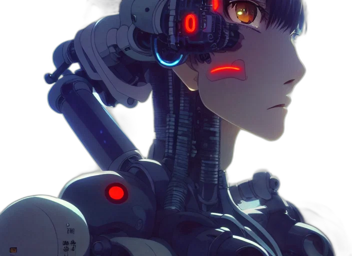 robot, weapon, face, cyberpunk, concept art, anime, 3d render, neon lights transparent PNG cut-out