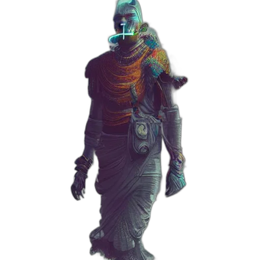 robot, creature, mask, staff, concept art, cyberpunk, fantasy art, 3d render transparent PNG cut-out