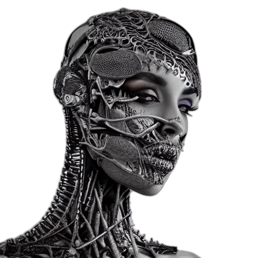 robot, mask, face, jewelry, cyberpunk, concept art, photorealistic, 3d render transparent PNG cut-out