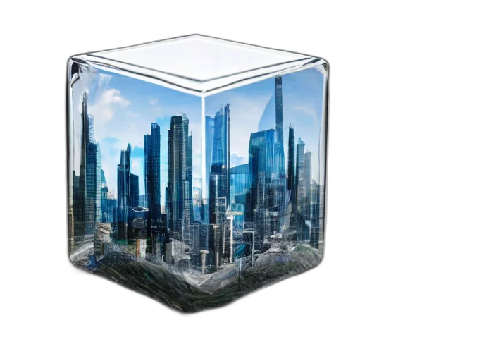 building, furniture, 3d render, concept art, huge, glass, cube, cyberpunk transparent PNG cut-out