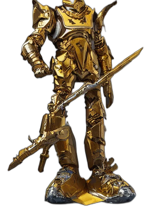 robot, sword, weapon, staff, concept art, fantasy art, 3d render, golden transparent PNG cut-out