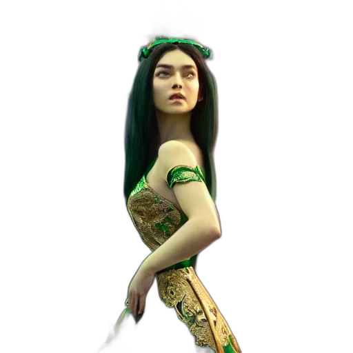 staff, dress, weapon, concept art, fantasy art, 3d render, pixel art, green transparent PNG cut-out