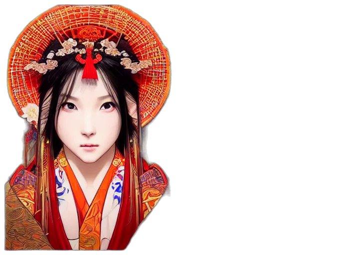 face, photorealistic, fantasy art, 3d render, concept art, red, miko, priestess transparent PNG cut-out