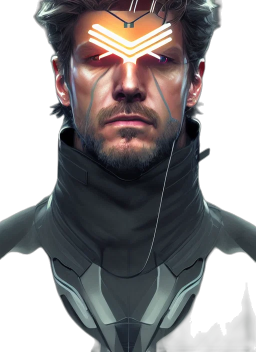face, staff, jacket, robot, cyberpunk, comic book art, concept art, photorealistic transparent PNG cut-out