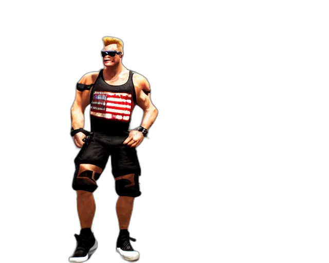 3d render, concept art, pixel art, cyberpunk, duke, nukem, wearing, tank transparent PNG cut-out