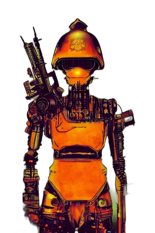 robot, weapon, staff, concept art, cyberpunk, pixel art, comic book art, golden transparent PNG cut-out