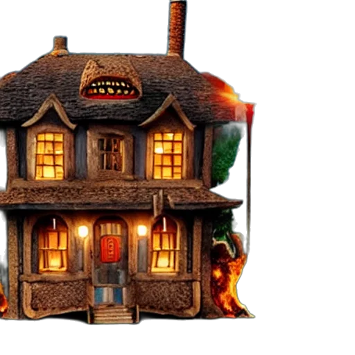 3d render, concept art, fantasy art, fire, city street, monster, house, movie transparent PNG cut-out