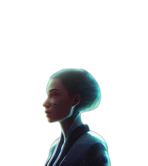 face, jacket, robot, staff, concept art, comic book art, cyberpunk, watercolor transparent PNG cut-out