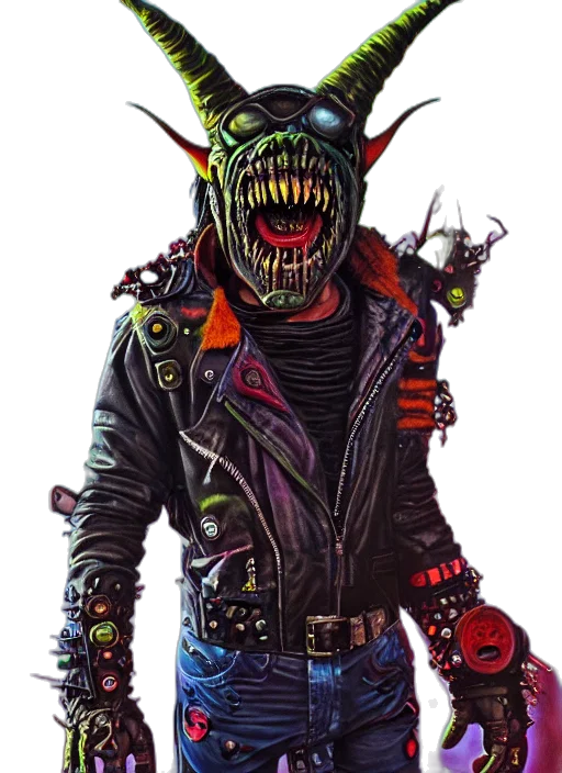 jacket, mask, creature, staff, concept art, cyberpunk, comic book art, photorealistic transparent PNG cut-out