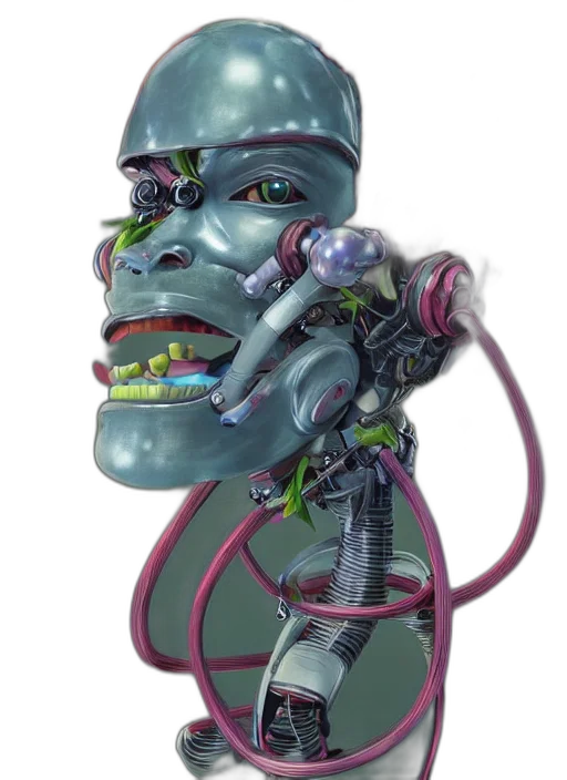 robot, mask, face, staff, cyberpunk, concept art, 3d render, vaporwave transparent PNG cut-out