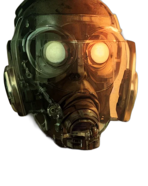 mask, robot, face, weapon, concept art, cyberpunk, comic book art, 3d render transparent PNG cut-out