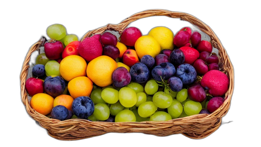 food, photorealistic, colorful, neon, pastel, basket, fruites, aperture transparent PNG cut-out