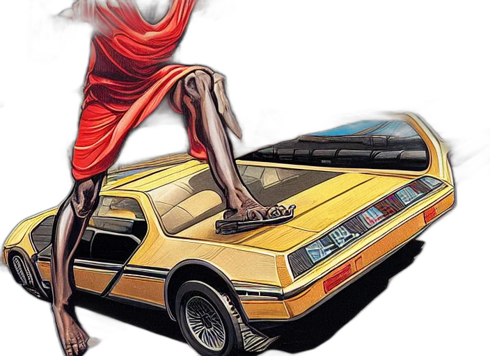 car, concept art, comic book art, african, jesus, driving, hovering, delorean transparent PNG cut-out