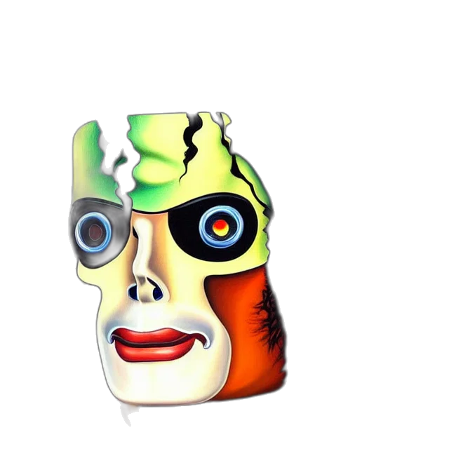 mask, face, robot, crown, 3d render, concept art, vaporwave, pixel art transparent PNG cut-out
