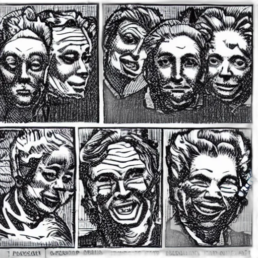 mask, face, crown, comic book art, concept art, crosshatch, group, experts transparent PNG cut-out