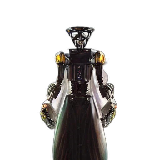 robot, staff, sword, dress, 3d render, concept art, cyberpunk, perfectly transparent PNG cut-out
