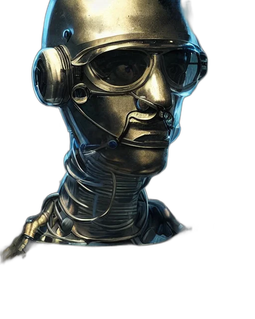 robot, mask, face, staff, concept art, cyberpunk, 3d render, comic book art transparent PNG cut-out