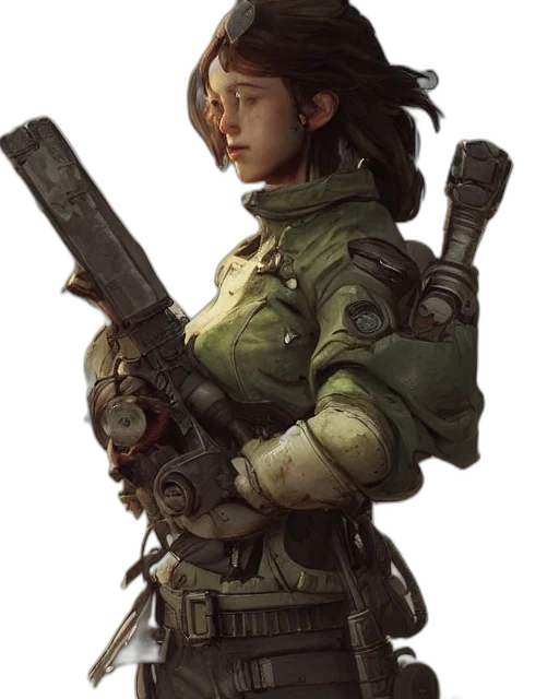 weapon, staff, jacket, face, concept art, fantasy art, cyberpunk, photorealistic transparent PNG cut-out