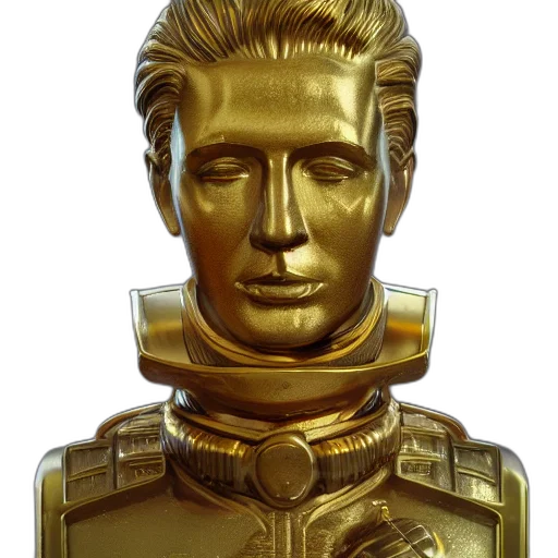 face, staff, jewelry, robot, 3d render, concept art, photorealistic, golden transparent PNG cut-out