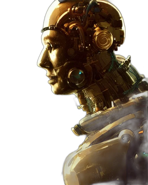 robot, face, crown, concept art, cyberpunk, 3d render, photorealistic, golden transparent PNG cut-out