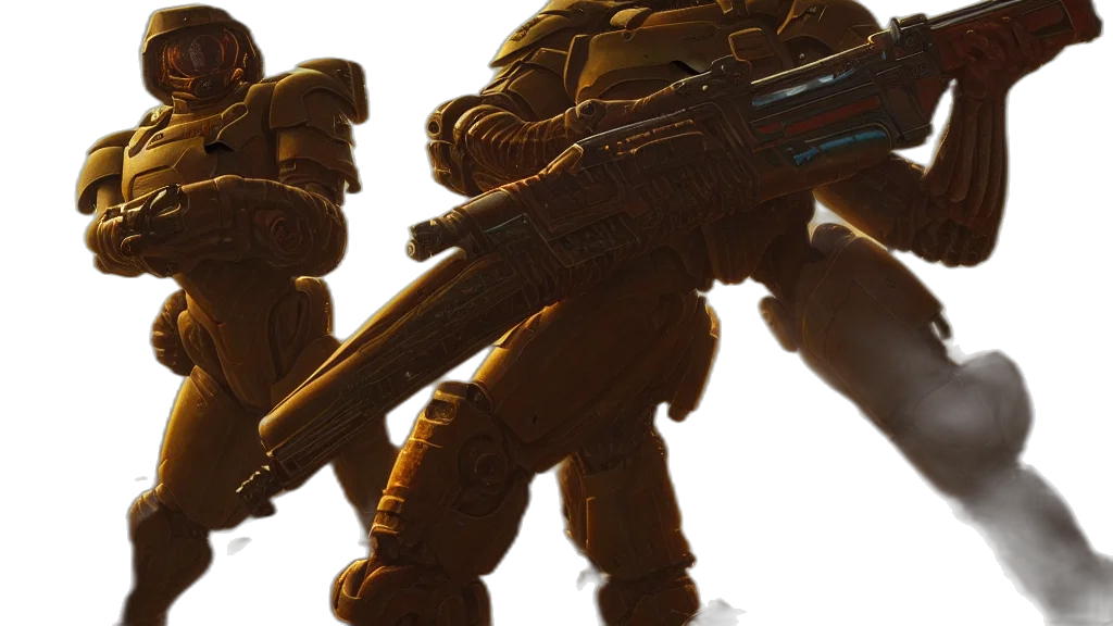 robot, weapon, 3d render, concept art, golden, doomguy, aims, his transparent PNG cut-out