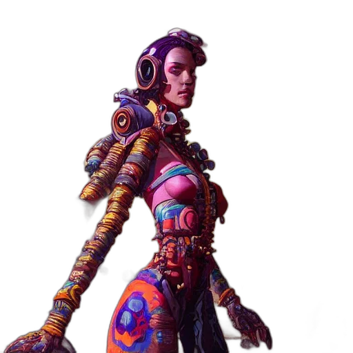 robot, staff, concept art, cyberpunk, fantasy art, pixel art, outer space, colorful transparent PNG cut-out