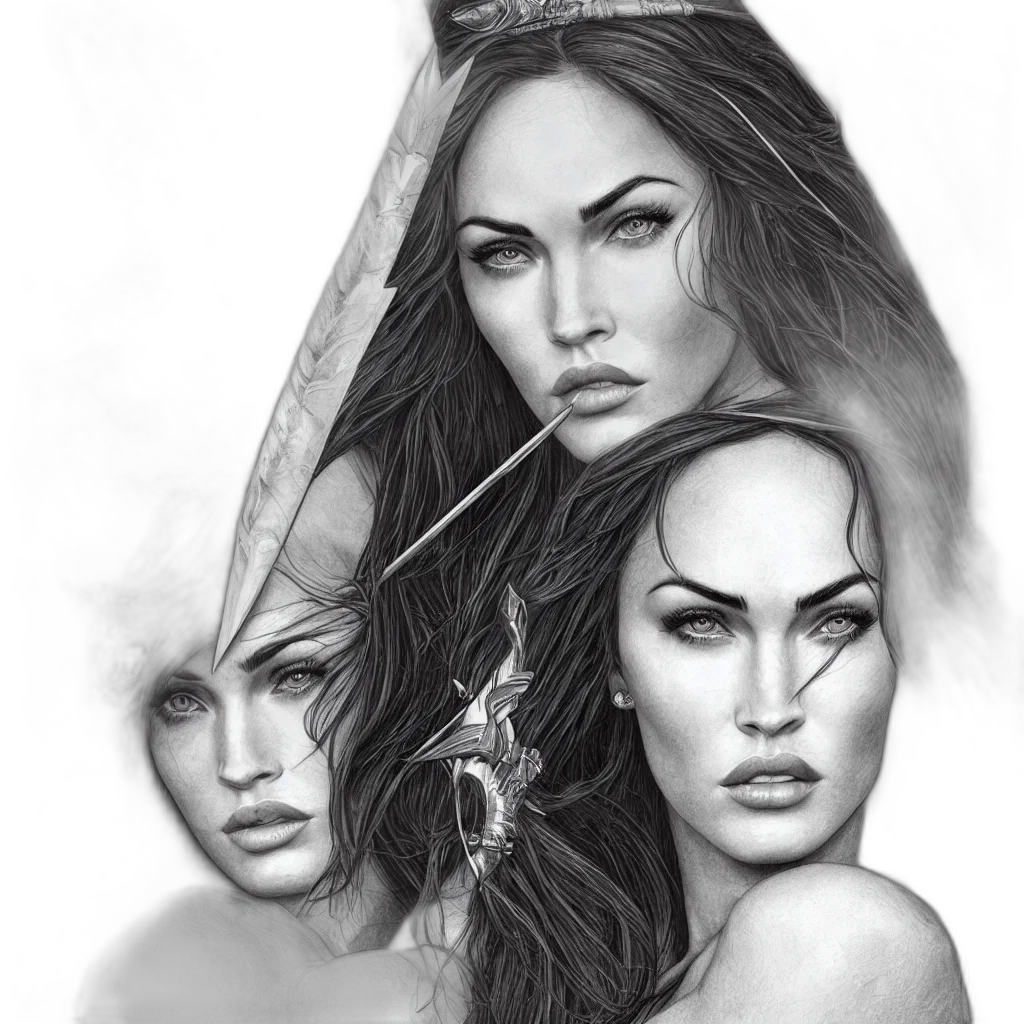 fantasy art, pencil sketch, photorealistic, comic book art, fire, portrait, beautiful, megan transparent PNG cut-out